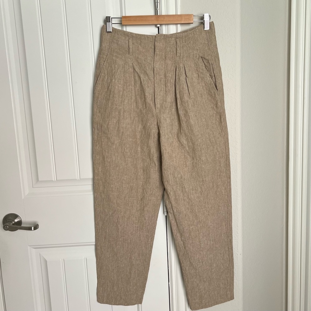 Brunello Cucinelli 100% Linen Tan High Waist Pleated Women’s Paperbag Pants
